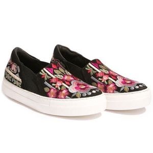 Johnny Was Women’s Embroidered Floral Boho Black Colorful Slip On Sneakers Shoes